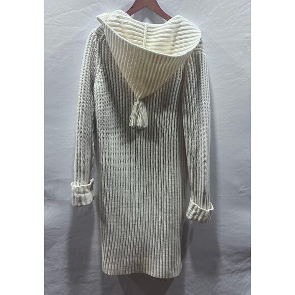 GAP Wool Blend Y2K Chunky Knit Ivory Long Cardigan M Open Front Hooded Duster - Picture 2 of 7